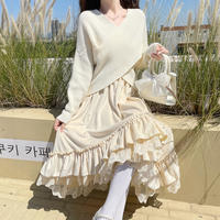 Fall Autumn Mori Girl White & Black Lace Long Elastic Gathered Waist Skirt - Thumbnail 9
