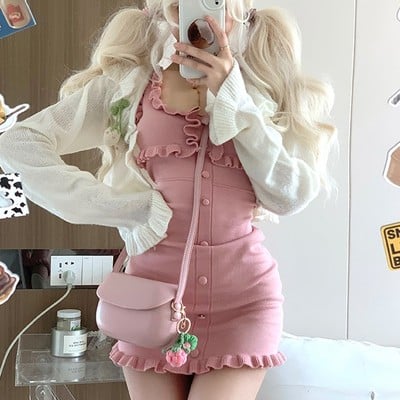 Korean sexy cute pink ruffle dress with white strawberry cardigan two piece set - Thumbnail 4