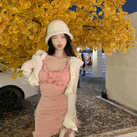 Korean Sexy Cute Pink Ruffle Dress with White Strawberry Cardigan Two Piece Set - Thumbnail 6