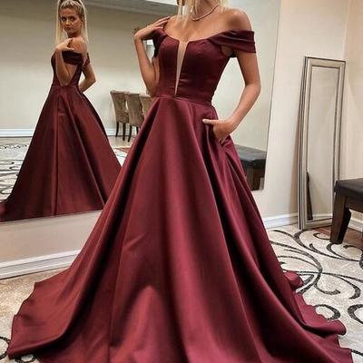 Off shoulder dark red long stain prom dresses  - Thumbnail 3