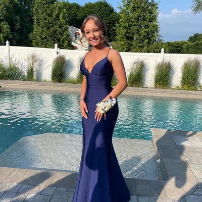 Simple v neck navy blue prom dresses formal evening gowns  - Thumbnail 2