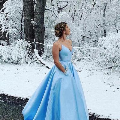 A-line blue v-neck formal prom dresses 
