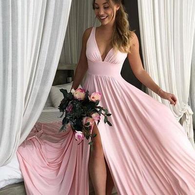 A line simple pink v-neck long prom dresses  - Thumbnail 2