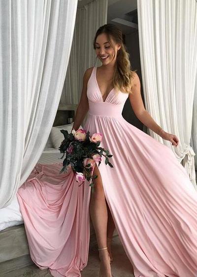A Line Simple Pink V-Neck Long Prom Dresses 