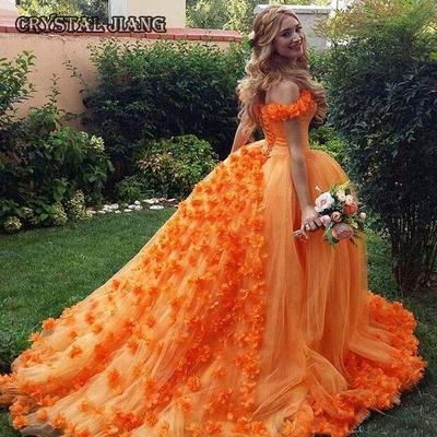 Off shoulder puffy orange wedding dresses with flowers  - Thumbnail 2