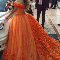 Off Shoulder Puffy Orange Wedding Dresses with Flowers  - Thumbnail 2
