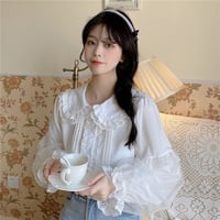 Elegant Lace Cuff Long Sleeve White Japanese Blouses Love Sleeve T Shirts - Thumbnail 2