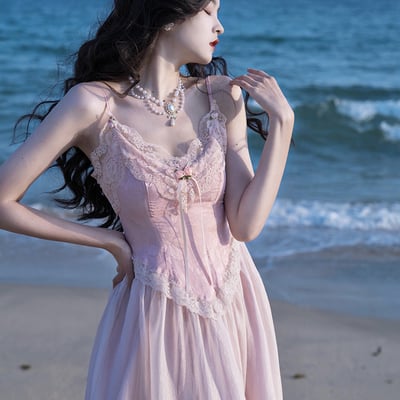 European french women girl elegant lace corset victorian bow princess fairytale strap pink long dress - Thumbnail 4