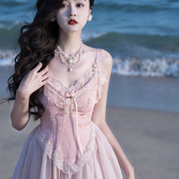 European French Women Girl Elegant Lace Corset Victorian Bow Princess Fairytale Strap Pink Long Dress - Thumbnail 1