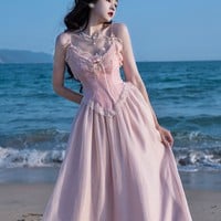 European French Women Girl Elegant Lace Corset Victorian Bow Princess Fairytale Strap Pink Long Dress - Thumbnail 2