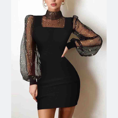 Solid color women's tight long sleeve dress - Thumbnail 1