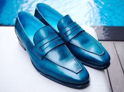 New Men's Hand Stitch Blue Genuine Leather Moccasin Formal Shoes
