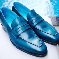 New Men's Hand Stitch Blue Genuine Leather Moccasin Formal Shoes - Thumbnail 1