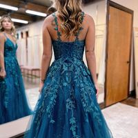 Cute A Line V Neck Tulle Prom Dresses with Appliques - Thumbnail 3