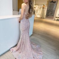 Charming Mermaid V Neck Blush Pink Sequins Prom Dresses - Thumbnail 1