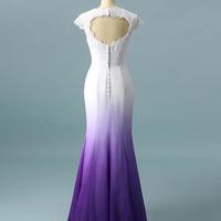 A Line White Purple Ombre Modest Bridal Dresses With Lace Appliques  - Thumbnail 1