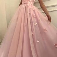 Off The Shoulder Pink Long Prom Dress With 3D Floral  - Thumbnail 1