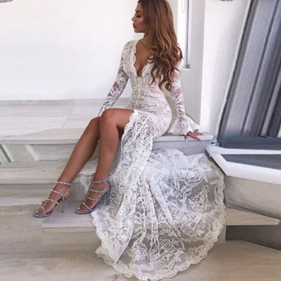 V neck lace wedding dresses bridal gown with sleeves - Thumbnail 2