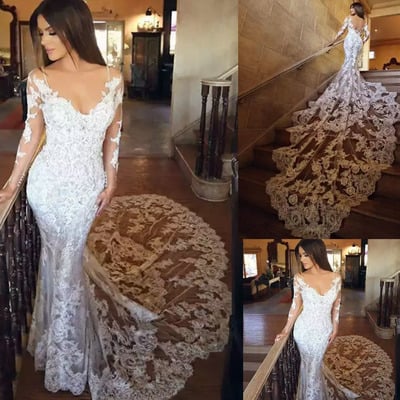  V Neck Lace Wedding Dresses Bridal Gown with Sleeves BD23
