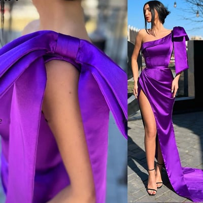 One Shoulder Purple Prom Dresses with Bowknot Slit Side