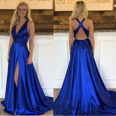 Royal Blue Criss Cross Prom Dresses Slit Side PD89