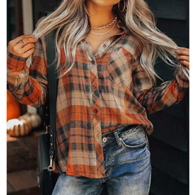Fashion Women's Plaid Pocket Button Long Sleeve Shirt