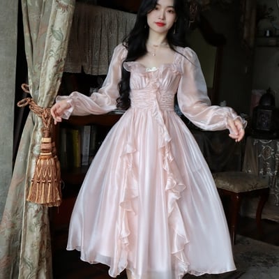 French european women girl fashion style elegant luxury spring autumn winter ruffled flower floral princess fairytale transparent long pink dress - Thumbnail 5