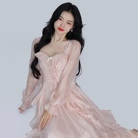 French European Women Girl Fashion Style Elegant Luxury Spring Autumn Winter Ruffled Flower Floral Princess Fairytale Transparent Long Pink Dress - Thumbnail 6