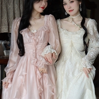 French European Women Girl Fashion Style Elegant Luxury Spring Autumn Winter Ruffled Flower Floral Princess Fairytale Transparent Long Pink Dress - Thumbnail 2