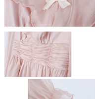 French European Women Girl Fashion Style Elegant Luxury Spring Autumn Winter Ruffled Flower Floral Princess Fairytale Transparent Long Pink Dress - Thumbnail 8