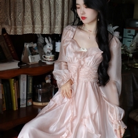 French European Women Girl Fashion Style Elegant Luxury Spring Autumn Winter Ruffled Flower Floral Princess Fairytale Transparent Long Pink Dress - Thumbnail 1