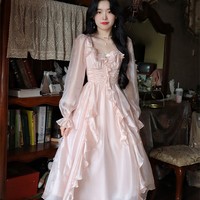 French European Women Girl Fashion Style Elegant Luxury Spring Autumn Winter Ruffled Flower Floral Princess Fairytale Transparent Long Pink Dress - Thumbnail 3