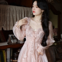 French European Women Girl Fashion Style Elegant Luxury Spring Autumn Winter Ruffled Flower Floral Princess Fairytale Transparent Long Pink Dress - Thumbnail 5