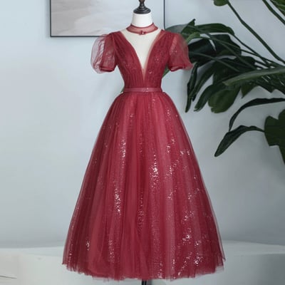 Burgundy tulle sequins tea length prom dress, a-line party dress - Thumbnail 2