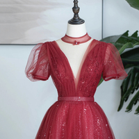 Burgundy Tulle Sequins Tea Length Prom Dress, A-Line Party Dress - Thumbnail 1