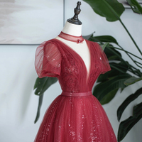 Burgundy Tulle Sequins Tea Length Prom Dress, A-Line Party Dress - Thumbnail 2