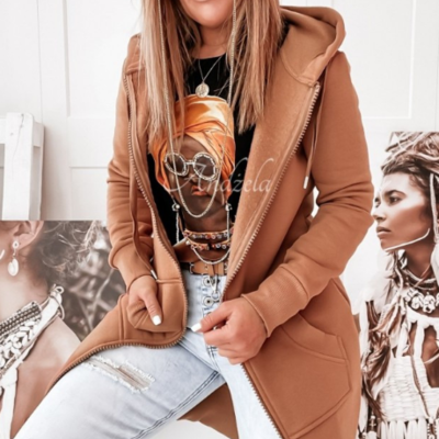 Solid color fashion women's long sleeved hooded coat