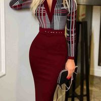 Women'S Fashion Plaid Slim Long Sleeve Dress - Thumbnail 1