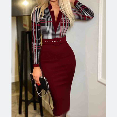 Women'S Fashion Plaid Slim Long Sleeve Dress