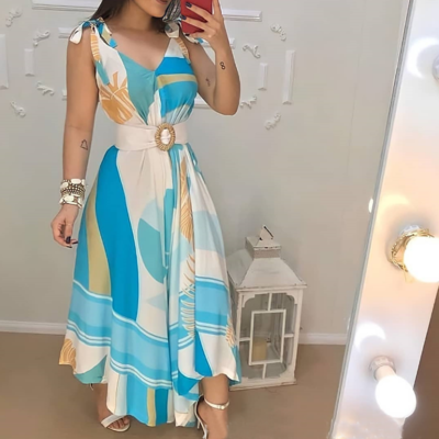 Elegant fashion women's blue printed dress
