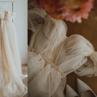 Off Shoulder Soft Tulle Wedding Dresses Bridal Gown Waist with Beading