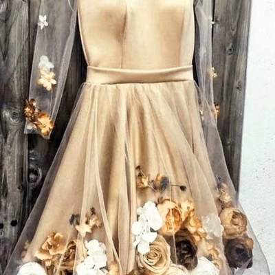 V neck champagne homecoming dresses with 3d handmade flowers - Thumbnail 1