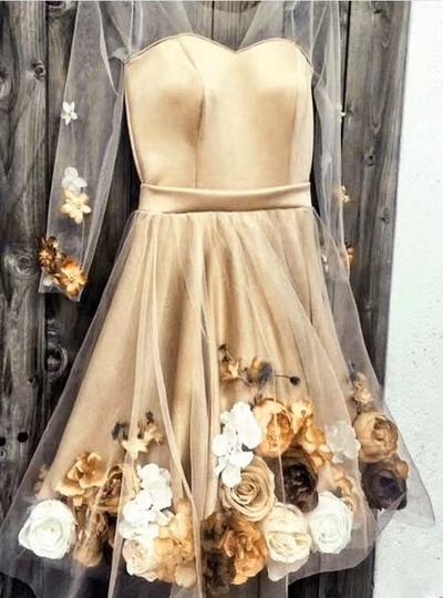 V Neck Champagne Homecoming Dresses with 3D Handmade Flowers