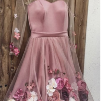 V Neck Champagne Homecoming Dresses with 3D Handmade Flowers - Thumbnail 2
