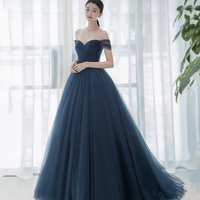 Elegant Tulle Long A-Line Prom Dress, Blue Off the Shoulder Evening Party Dress - Thumbnail 1