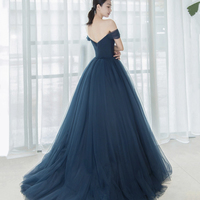 Elegant Tulle Long A-Line Prom Dress, Blue Off the Shoulder Evening Party Dress - Thumbnail 2