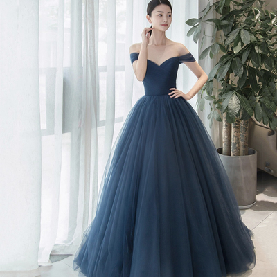 Elegant tulle long a-line prom dress, blue off the shoulder evening party dress - Thumbnail 2