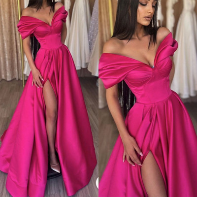 Off shoulder fuchsia prom dresses slit side - Thumbnail 1