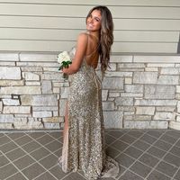 Sparkly Mermaid Scoop Neck Gold Sequins Prom Dress with Slit - Thumbnail 2