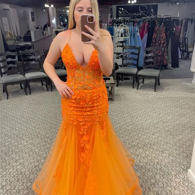 Cute mermaid sweetheart orange prom dress with appliques